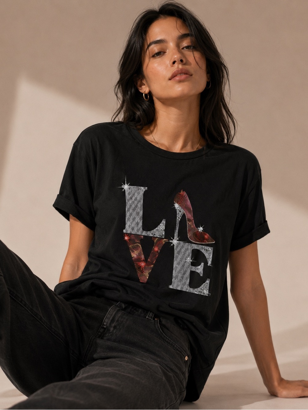 Black LOVE Graphic Tee Red High Heel Rhinestone Shirt 2XL
